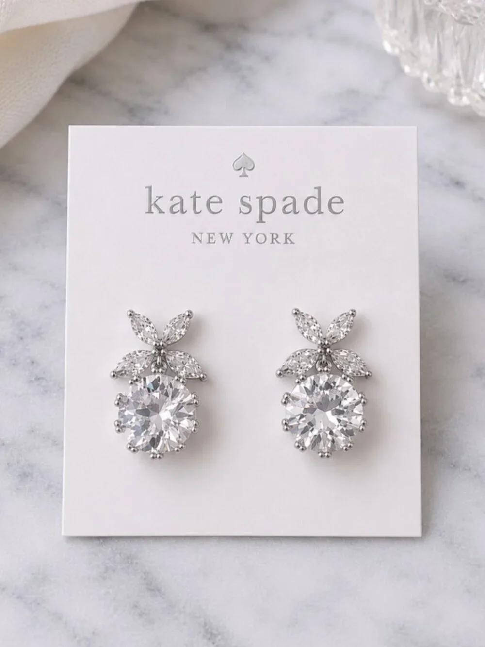 Kate Spade Crystal Floral Stud Earrings Silver Tone Round Cubic Zirconia Flower